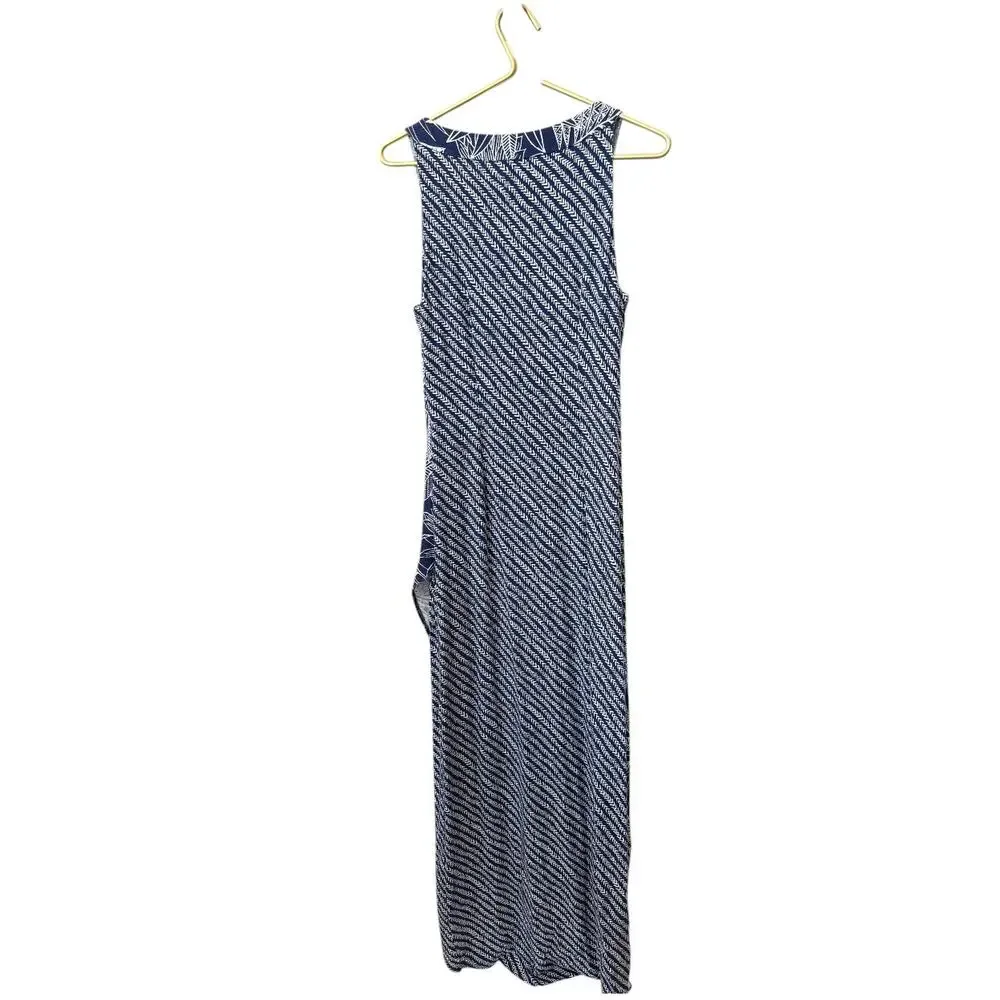 TOMMY BAHAMA Navy White Chevron Leaf Maxi Dress S Tulip High Low Hem Shell EUC - Picture 3 of 6